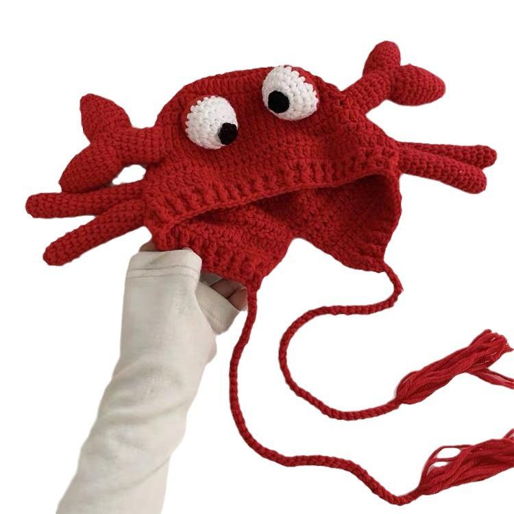 Забавный краб красный вязаная шапка милый мультяшный лик маленькая шапка-пуловер шерстяная шапка прилив