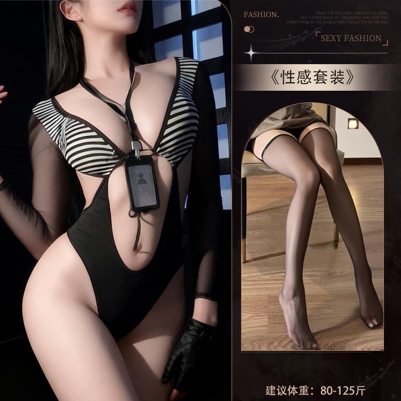 Sexy lingerie sexy secretary tight high elastic pure lust seduction sweet uniform high fork striped pajama suit