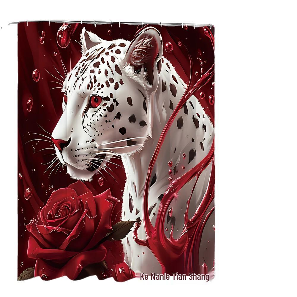 Набор для ванны "Роза и Леопард": Шторка для душа, Нескользящий коврик, Чехол на крышку унитаза, Коврик для ванной комнаты и 12 крючков