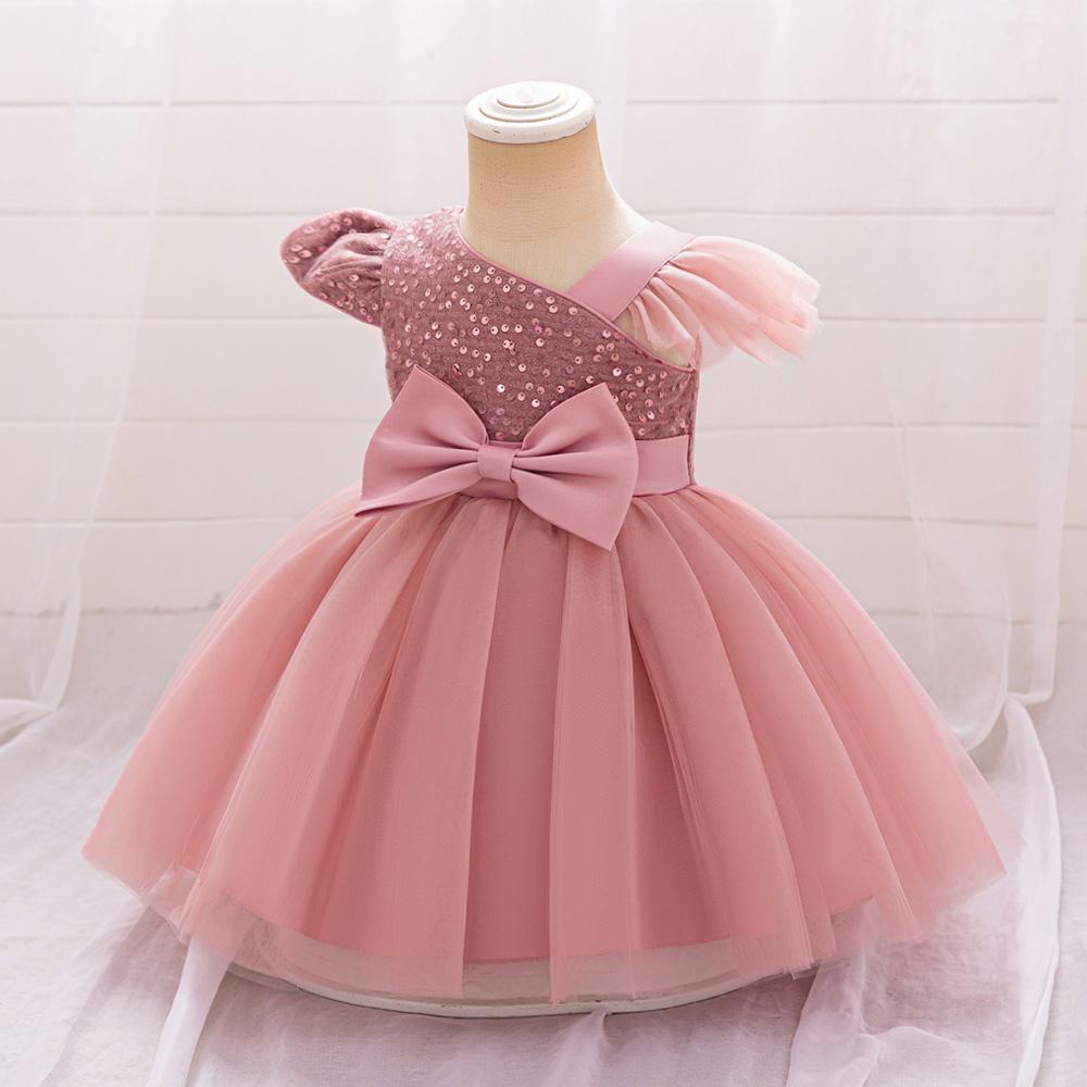 Baby Sequin Bow Dresses for Girl Christmas Fly Sleeves Wedding Party Princess Dress Kids Inafnt 1st Birthday Formal Gala Costume