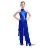 Girls Halter Sleeveless Backless Sequin Tiered Tassel Dance Jumpsuit Cha cha Latin Costume