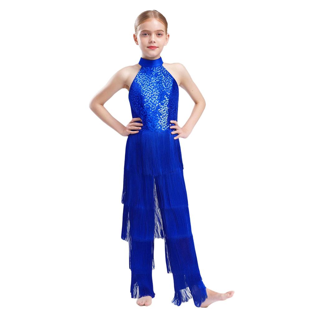 Girls Halter Sleeveless Backless Sequin Tiered Tassel Dance Jumpsuit Cha cha Latin Costume