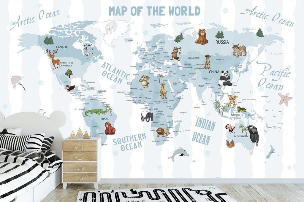 Children's photo wallpaper world map with blue stripes and animals DWK288 200x135