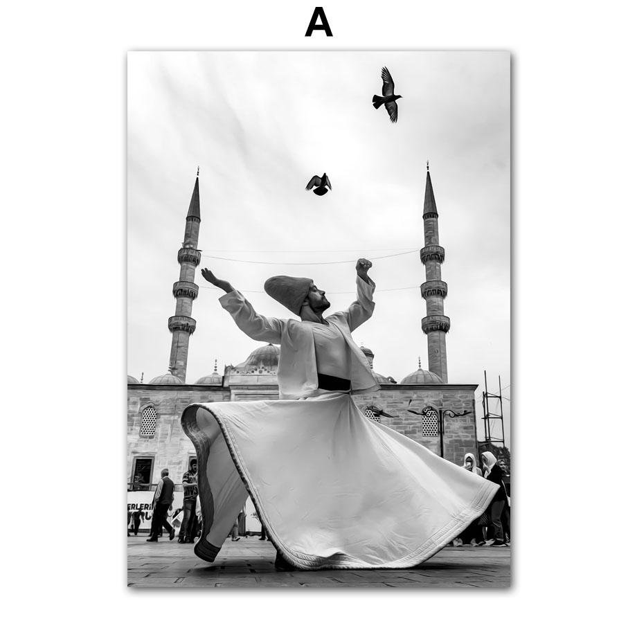 Holy Islamic Mosque Muslim Dancer Black White Living Room Decoration Posters And Prints Wall Art Canvas Painting Wall Pictures