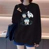 Черная женская модная повседневная толстовка с длинным рукавом и круглым вырезом с милым рисунком кота 2024