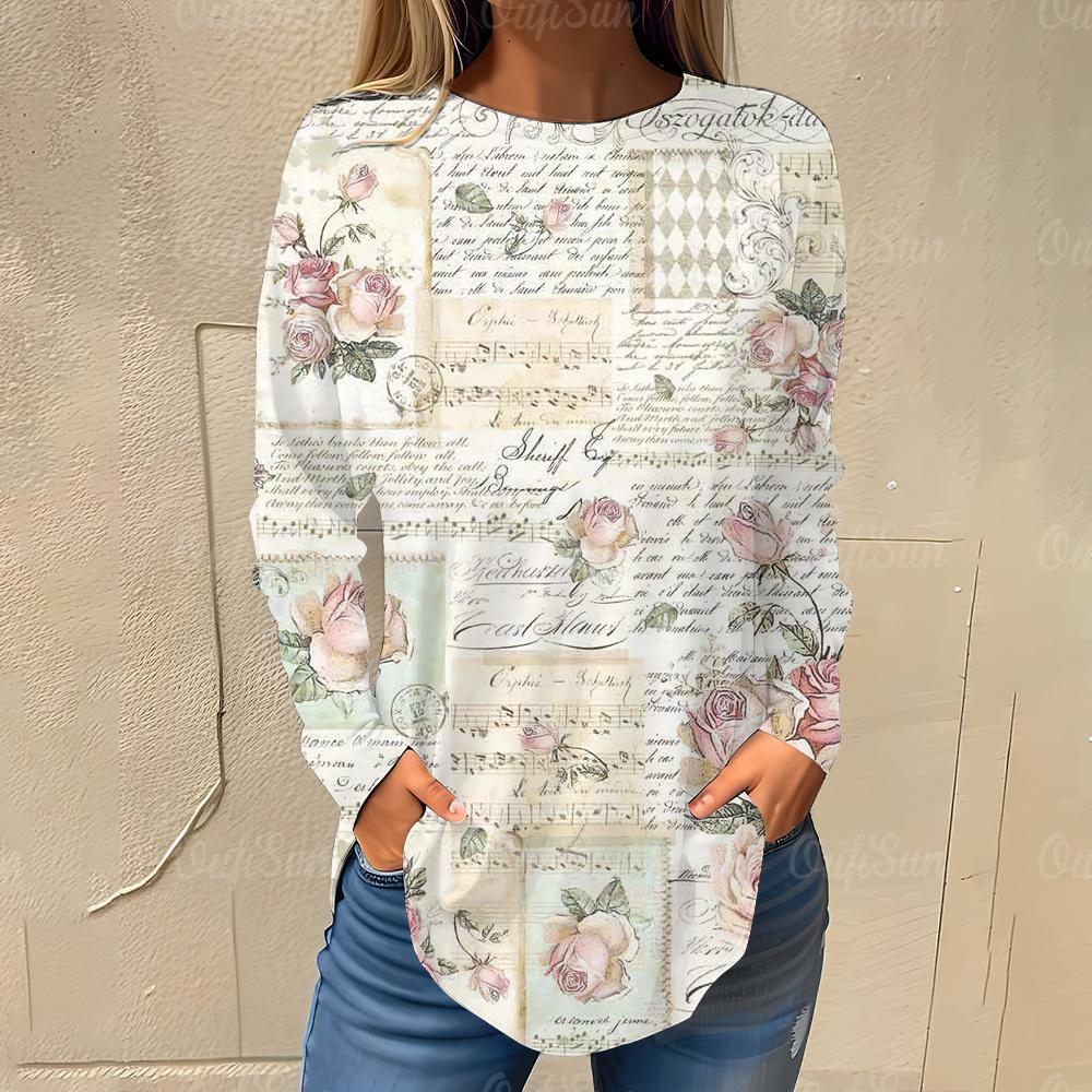 Винтажные женские футболки в стиле ретро с цветочным принтом, осенняя уличная футболка с длинными рукавами, женская одежда Y2K, повседневные свободные топы, пуловеры