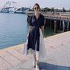 French Style V-Neck Shirt Dress - Summer, Waist-Slimming, Short Sleeves, Literary Two-Piece Look