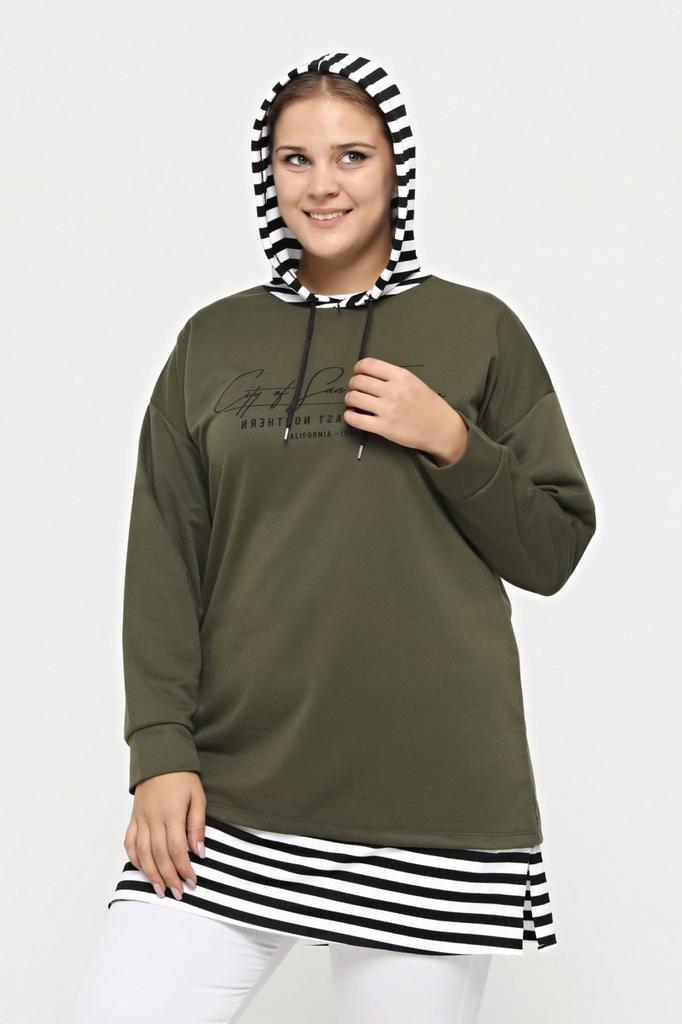 Women's Style Big Size Sweatshirt Large Size 100% Cotton Spring Spring Slit On The Side Comfort Model Stripe Detailed Hooded Sweatshirt