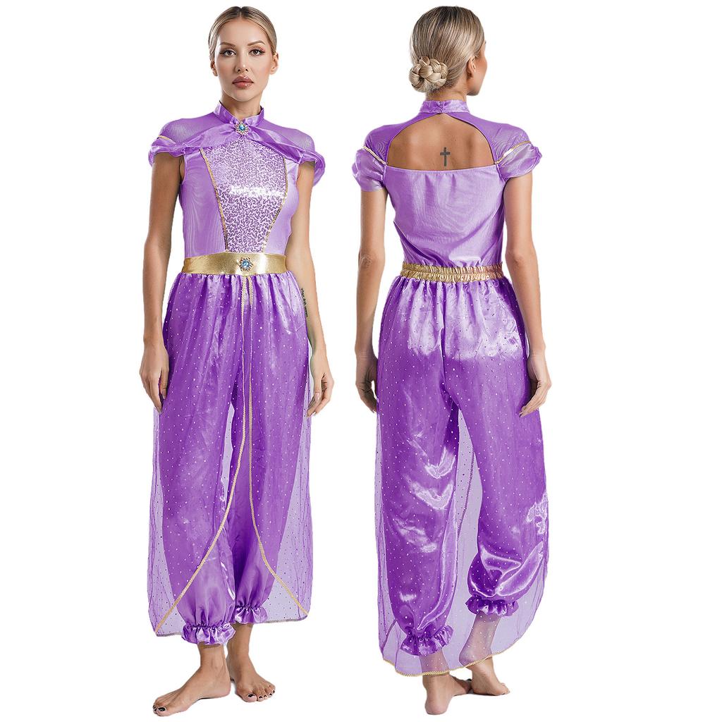 Womens Arabian Princess Costumes Halloween Carnival Aladin Theme Party Jasmines Outfit Sequin Tulle Rompers Belly Dance Jumpsuit