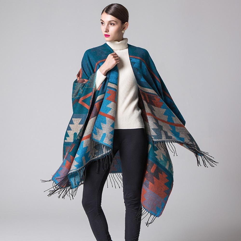 DX Indian Geometric Rhombus Lengthened and Thickened Imitation Cashmere Explosion Ethnic Style Travel Split Shawl Cape