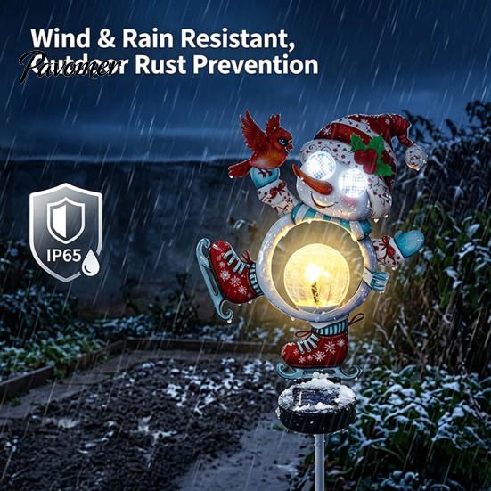 Waterproof Solar Garden Stakes Christmas Snowman Bird Light, Outdoor Stake Lamp with Crackle Glass Festive Light Fixtures Ball, Warm White LED