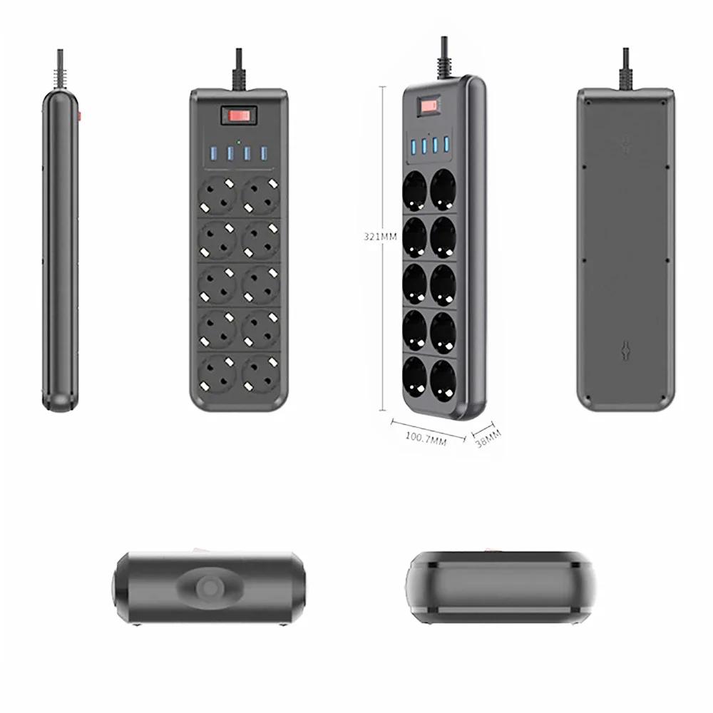 Melery Сетевой фильтр 10-контактный розетка переменного тока, розетка европейского стандарта, USB-порт для зарядки, удлинитель 2 м, компьютер, телевизор, смартфон, бытовая техника