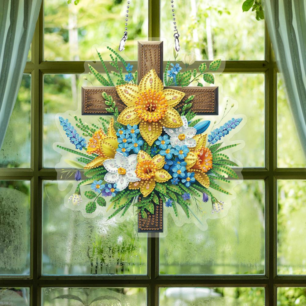Acrylic Special Shaped Cross Flower Leaf Diamond Painting Hanging Ornaments Kit Rhinestone Diamond Art Window Pendants for Home