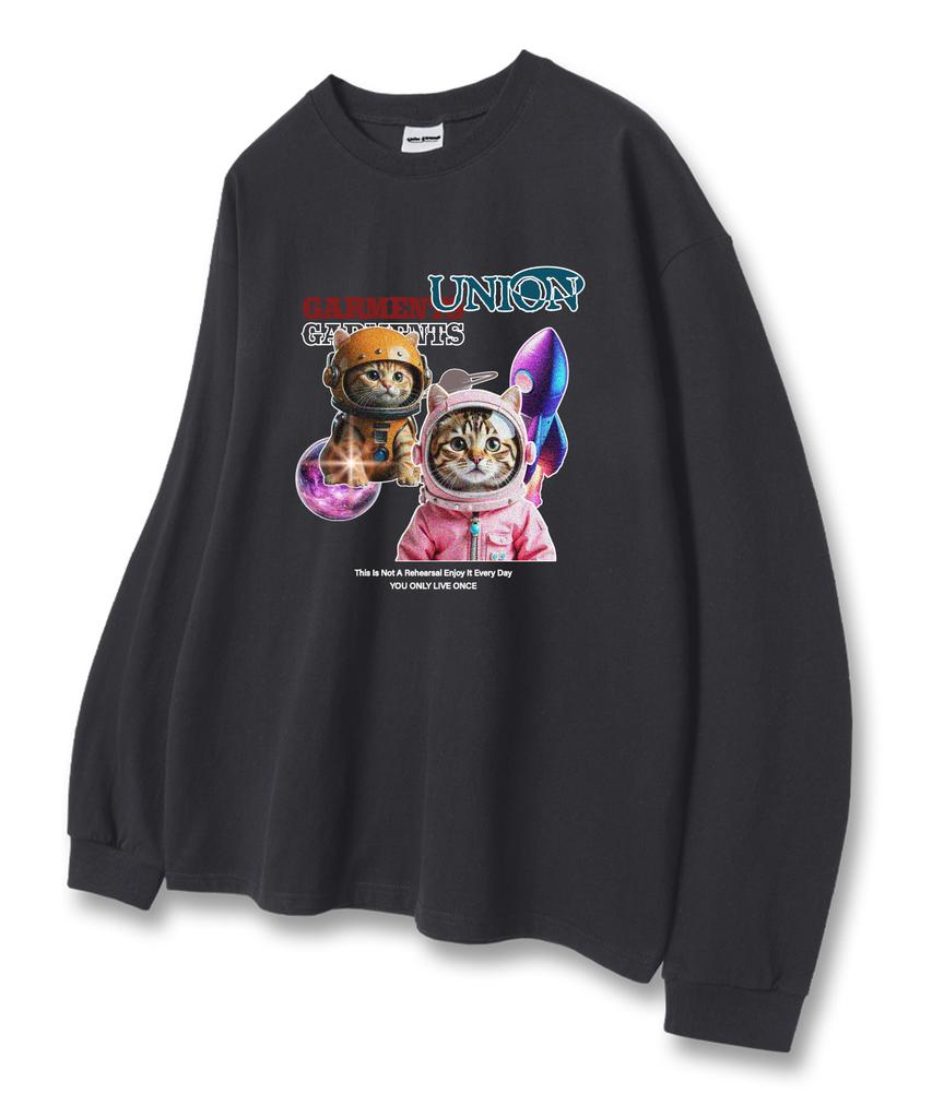 UNION GARMENTS Space Cat Loose Fit Long Sleeve T-Shirt Dark Gray [Basic Or Ribbed]