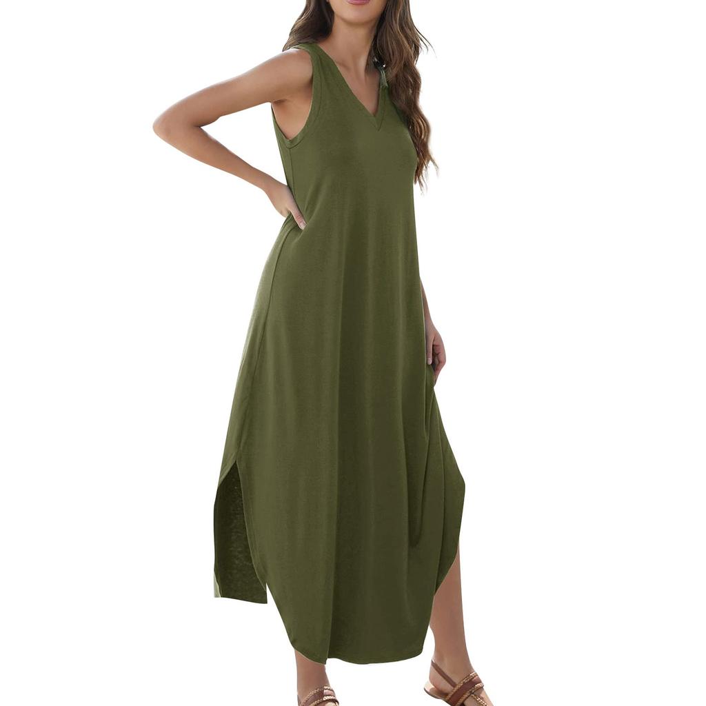 Women's 2024 Summer Casual Loose Sundress Long Dress Solid Color Sleeveless V Neck Split Tshirt Maxi Dresses