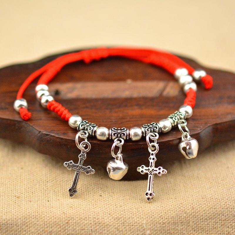 Simple Silver Retro Ethnic Style Anklet Female Beaded Red Rope Ankle Girl Accessories