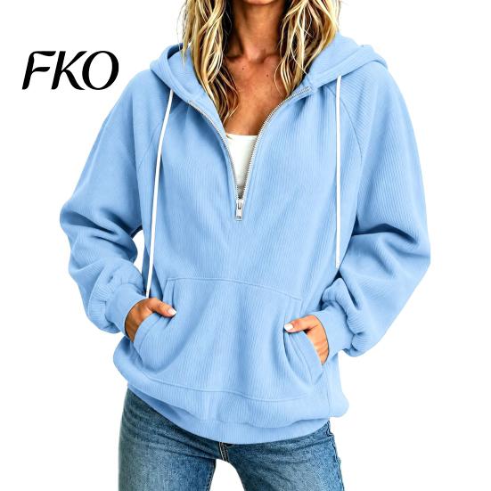 Comfortable Loungewear Top Womens Quarter Zip Hoodie, Oversized Loose Fit Long Sleeve Sweatshirt with Full Corduroy Hoodie Drawstring Hood Kangaroo