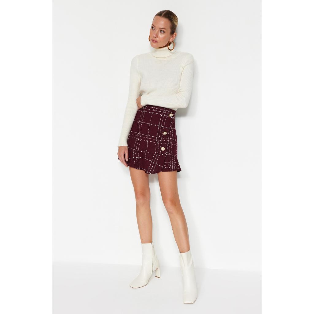 Burgundy Buttoned Tweed Fabric Mini Woven Skirt With Flounce Hem Twoaw22et0155