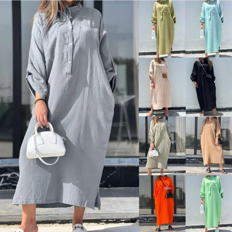 Винтажные женские летние хлопковые льняные длинные платья с воротником-рубашкой и закрученными пуговицами на каждый день