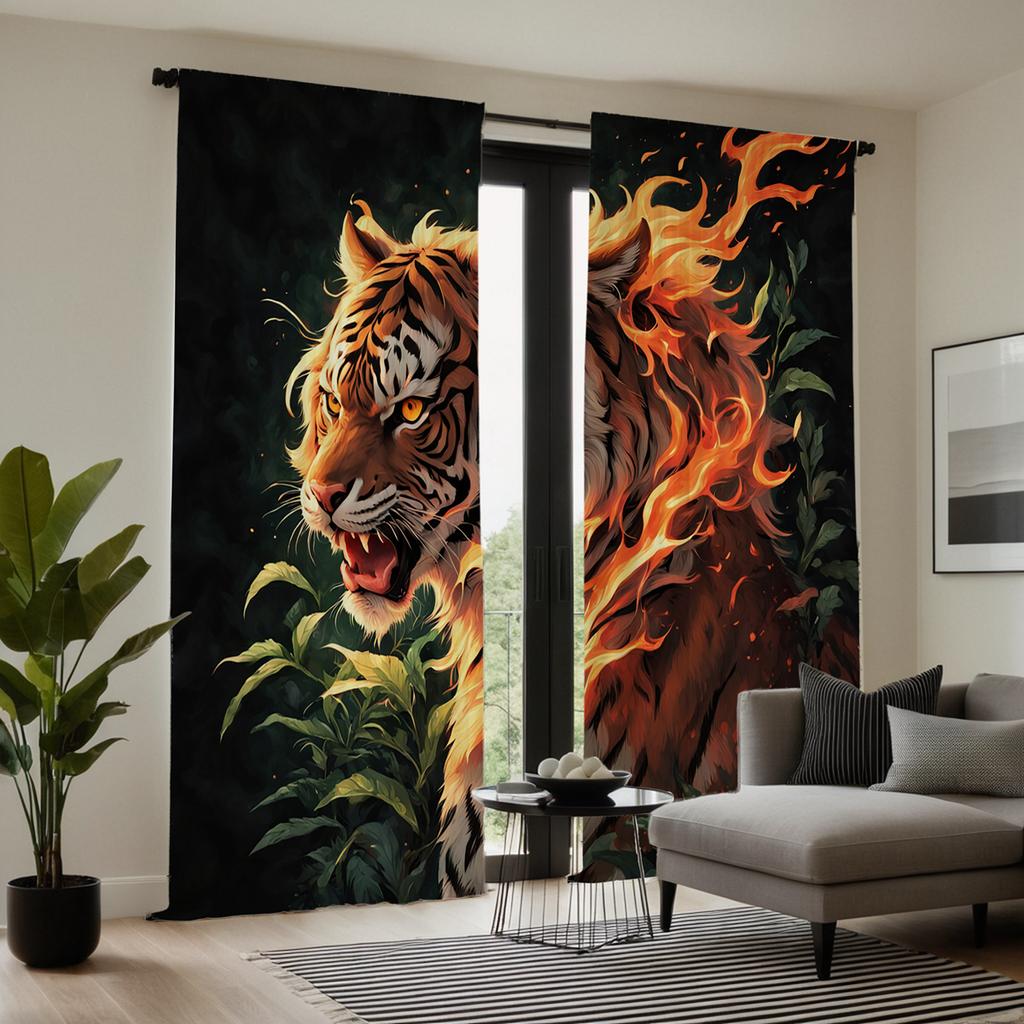 2-PCS HD Digital Black Color Dominating Tiger Curtains Home Decorating Style Decoration Living Room Bedroom Through Rod Curtai
