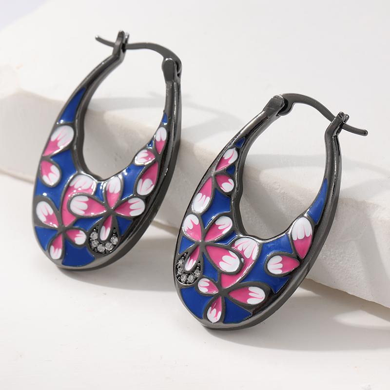 Эмалевые розовые серьги-кольца с цветами с серебристым покрытием для женщин Изысканные винтажные праздничные повседневные ювелирные аксессуары подарок