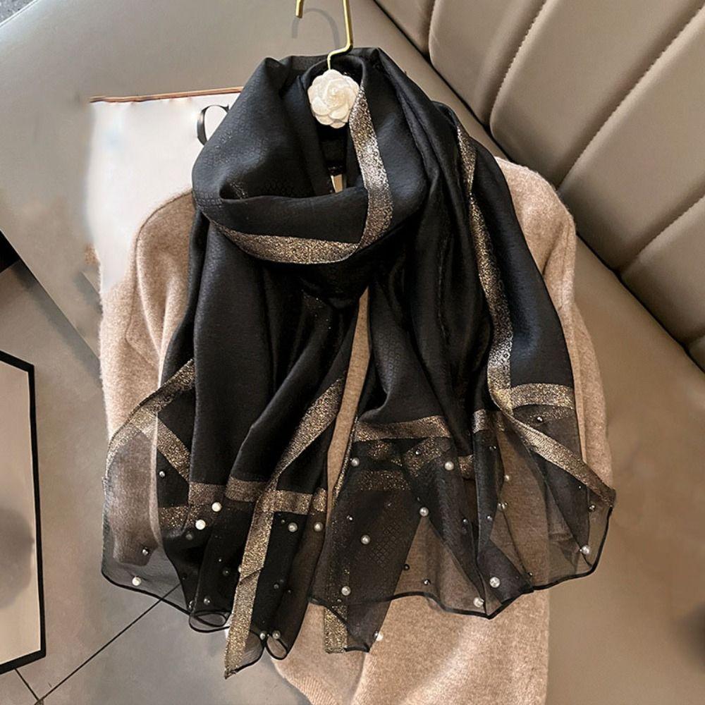 90x90cm Luxury Silk Scarf Pearl Beach Shawl Women Pearl Scarf