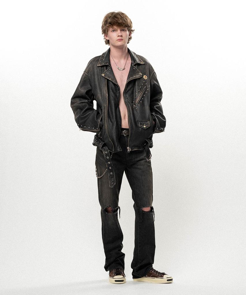 KAMIYA Distressed Slim Bootcut Denim Pants - Black