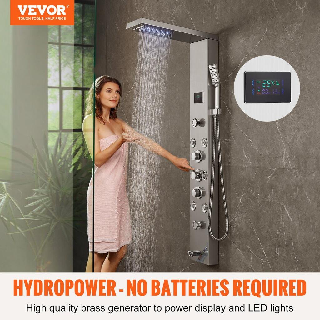 Shower Panel Tower System 6 Modes Hydroelectricity LED Stainless Steel