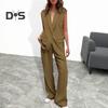 2 Pcs/Set Women Coat Pants Set Lapel Single Button Mid Length Cardigan Sleeveless Jacket Wide Leg High Waist Straight Trousers Lady Formal Commute