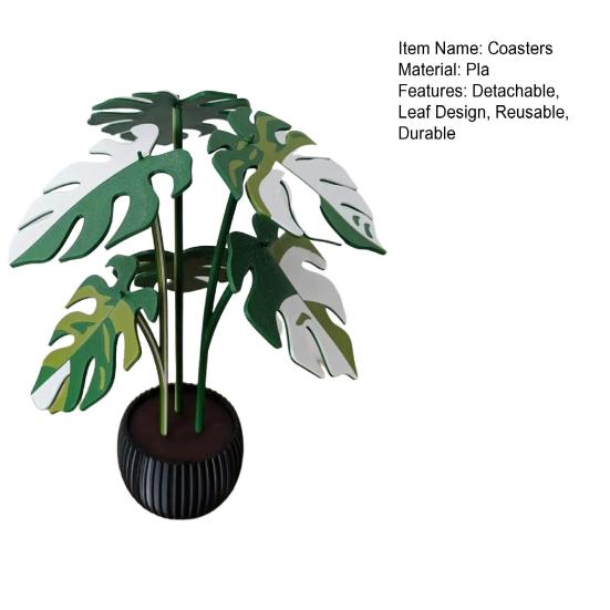6Pcs 3D Printed Monstera Leaf Coaster Set Detachable Plant-Themed Drink Pads with Hidden Storage Pot Unique Home Decor Gift for Plant Lovers