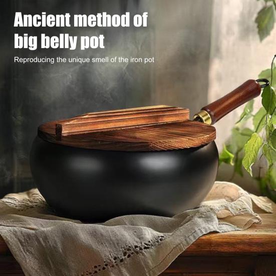 Non-Stick Iron Wok with Wood Handle Traditional Forged Iron Pot for Gas & Induction Stoves Rust-Resistant Uncoated Deep Pot for Frying Stir-Frying