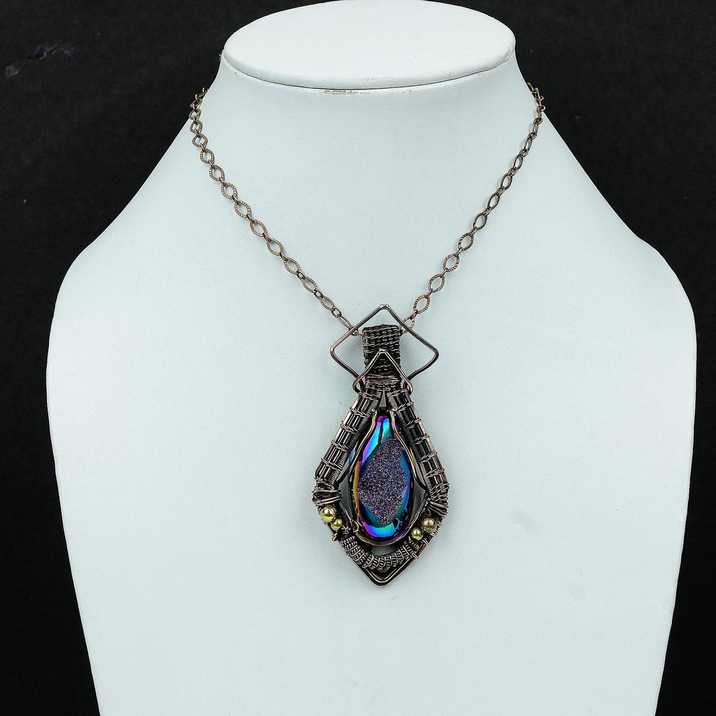 Подвеска из титановой друзы, подвеска из медной проволоки, подвеска из настоящего драгоценного камня, уникальное ювелирное изделие, подвеска ручной работы из медной проволоки, подарок для нее