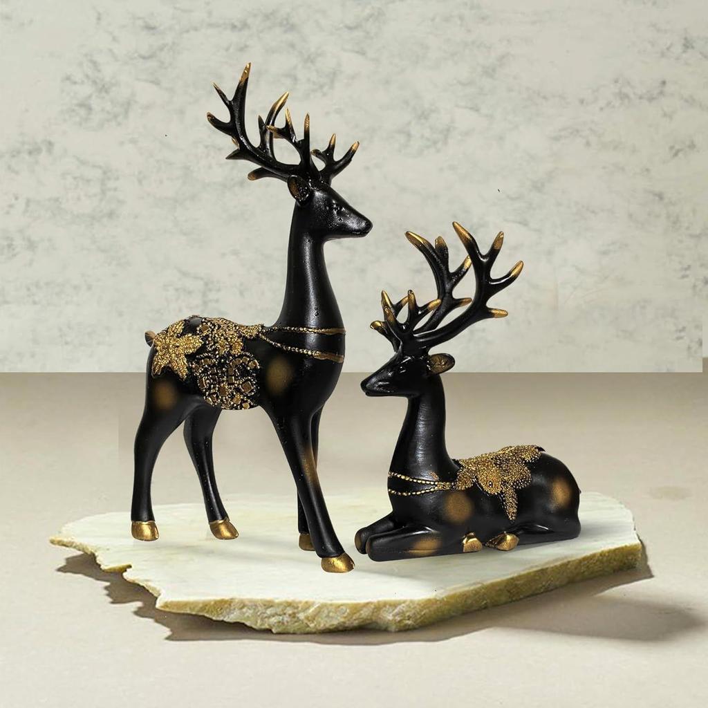 New Resin Golden and Black Reindeer Sculptures | Beautiful Home Decor | Lifts Up Energy of Your Room (Pack of 2, Black)