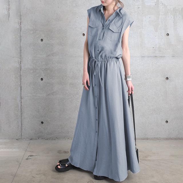 Женское весенне-осеннее платье-макси рубашечного кроя с отложным воротником - Длинный рукав, Однотонное, Повседневное