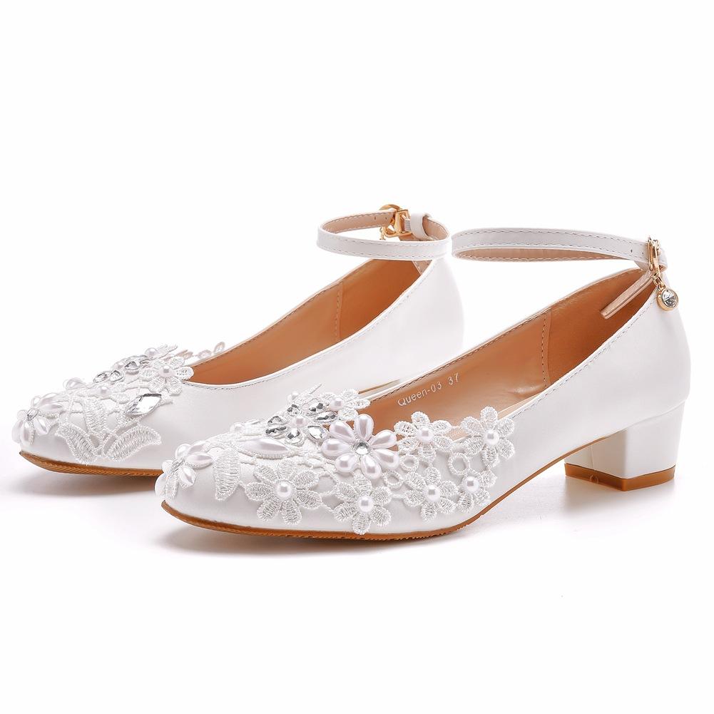 Large Size 3 Cm Square Heel Round Toe Single Shoes One Strap Single Shoes Spring and Autumn Lace Bride Shoes Women Maternity Wedding Shoes