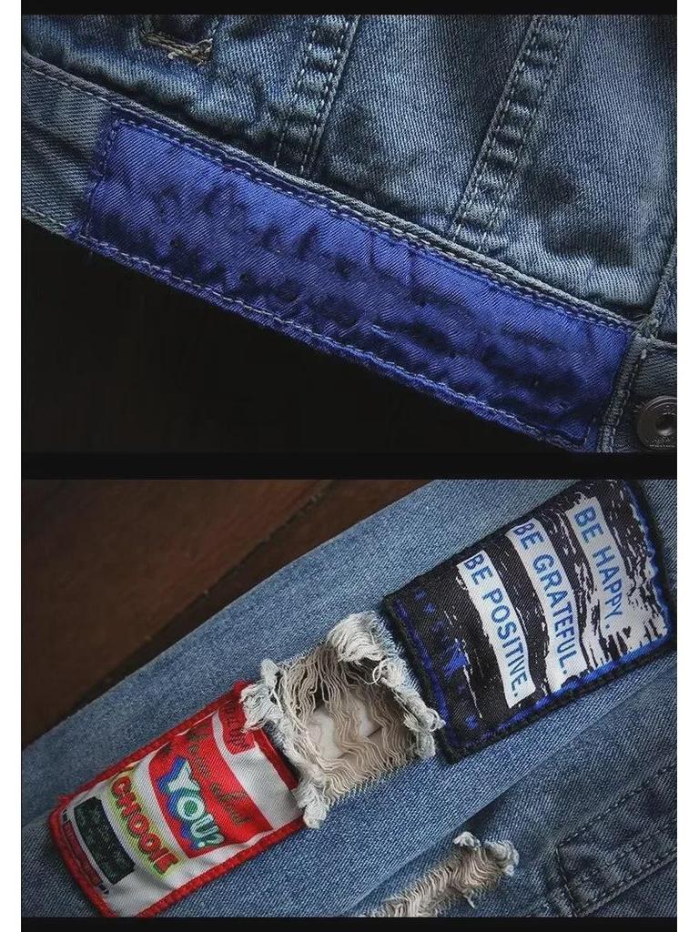 Мужская рваная джинсовая куртка: Модная японская ретро-мода, уличный стиль с вышитой этикеткой, красивый рабочий верх