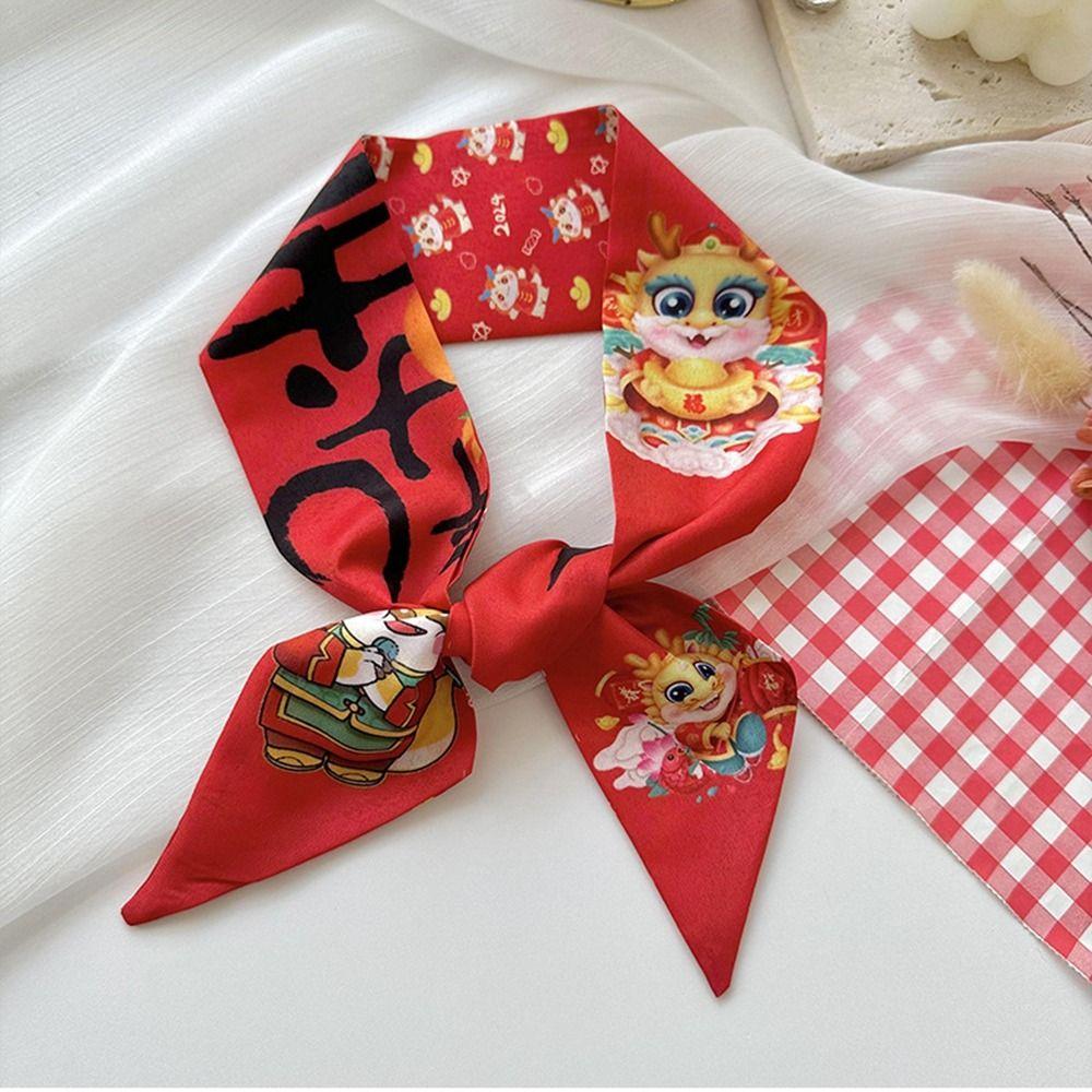 Printed New Year Red Silk Scarf New Year Scarves Scarf Hair Band Long Scarf New Year Decoration