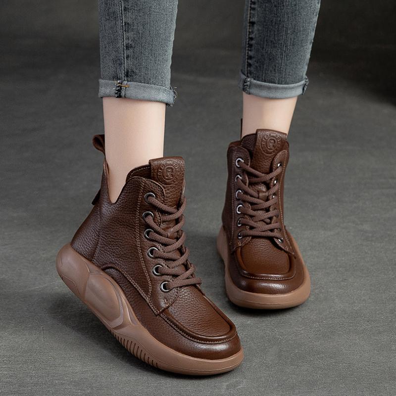 Johnature Женские ботинки из натуральной кожи, зимняя женская обувь на шнуровке с круглым носком, ботильоны ручной работы в стиле ретро с шитьем