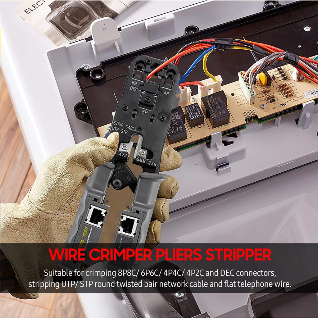 Ratcheting Crimping Tool with LED Tester 4 in 1 Multifunction Wire Crimpers Stripper Cutter Tester, 8P 6P 4P Network