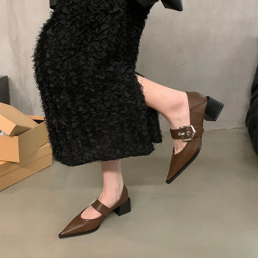 Ретро туфли-лодочки на толстом каблуке для женщин, обувь 2025, новинка, весна-осень-зима, вечерний бриз, остроносые Мэри Джейн из маленькой кожи