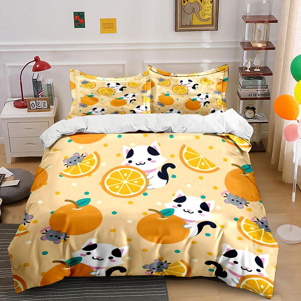 Cat and Orange Cartoon Pattern Bedding Duvet Cover Set (1*Duvet Cover 2*Pillowcases, without duvet insert)