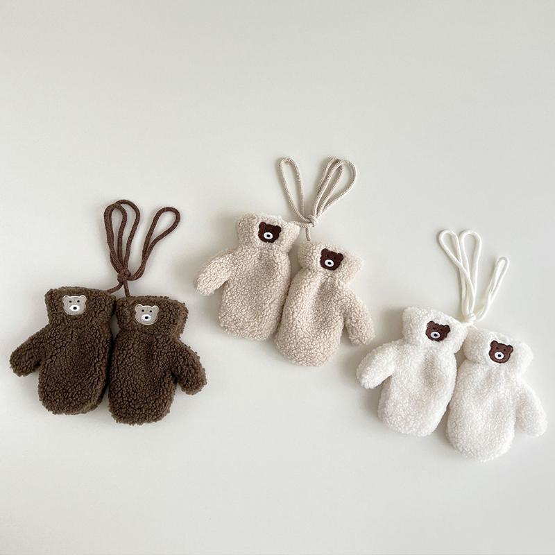 Cute Embroidered Bear Baby Gloves Lamb Wool Winter Boys Girls Full Finger Gloves Outdoor Windproof Warm Kids Mittens