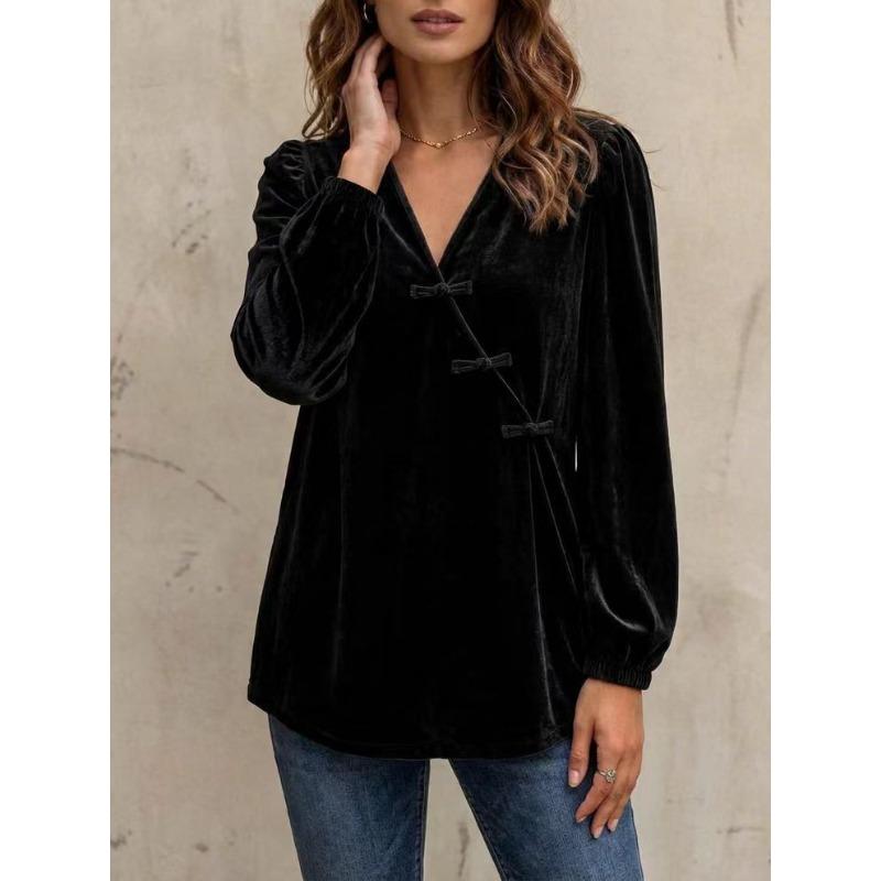 Women S Casual Fashion Velvet Long Sleeve V Neck Shirt
