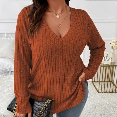 Женская мода, повседневная однотонная футболка с принтом, осень-зима, свободная матовая футболка с длинным рукавом и v-образным вырезом, свитера в полоску