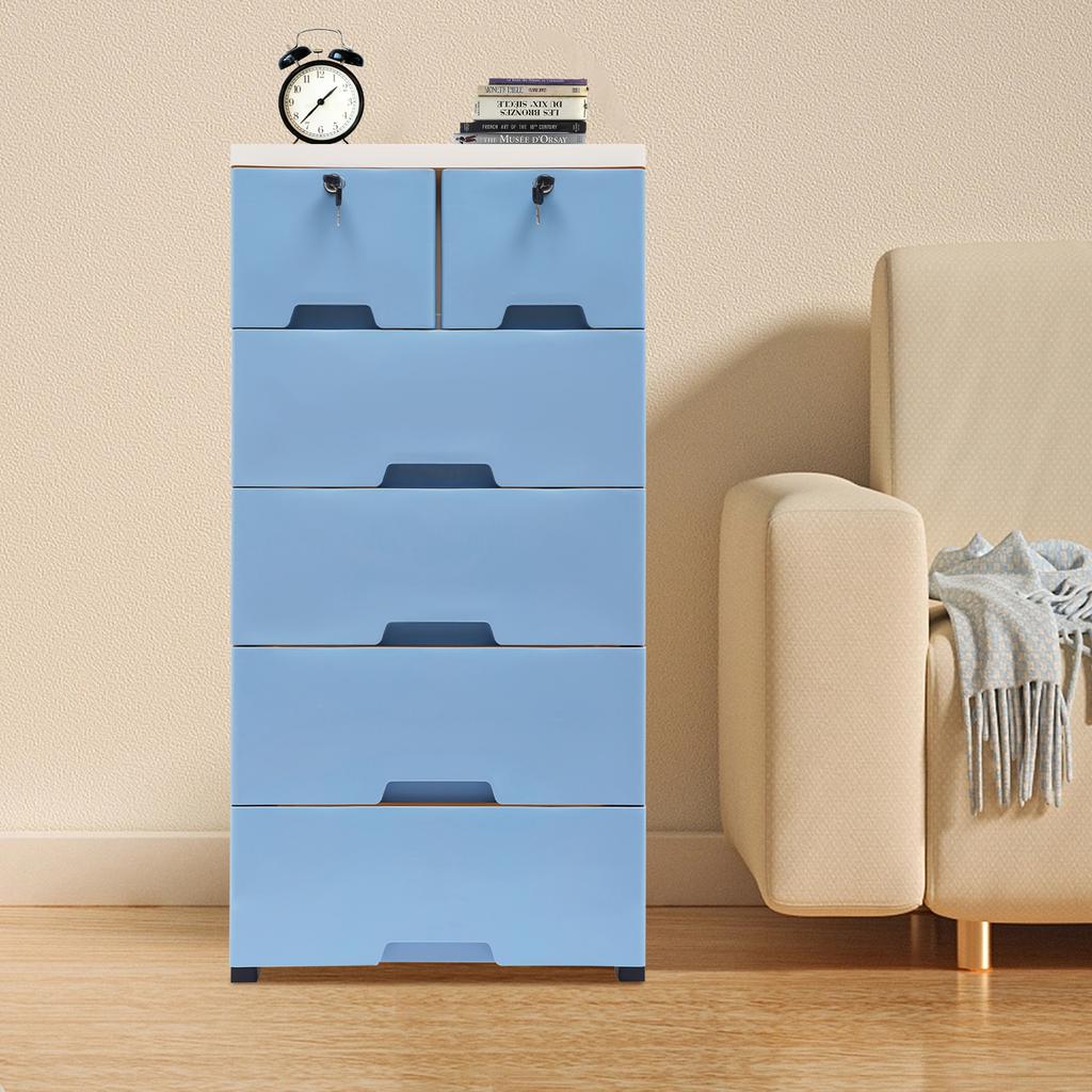 6pcs Drawers PP Rectangle Storage Cabinet Home Furniture with 4 Bottom Wheels,Two Small Drawers with Locks Simple Elegant Design