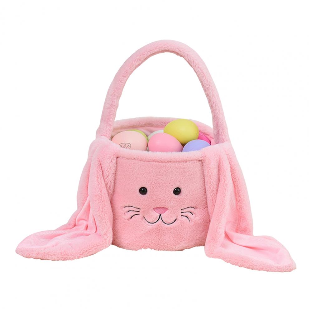 Easter Bunny Basket Seasonal Small Fur Elegant Bunny Display With Fluffy Ear Plush Bunny Face Easter Bucket Kids Gift Treat Bag