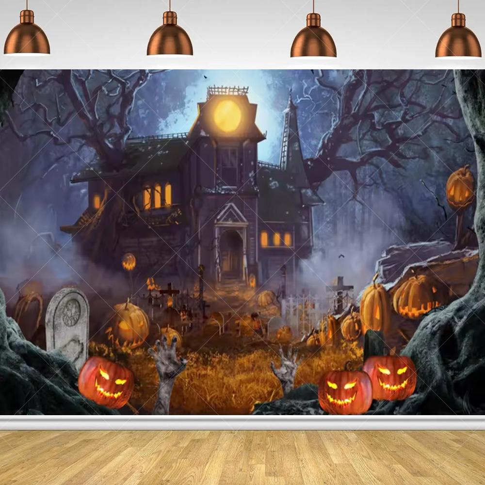 Halloween Horror Night Party Family Gathering Pumpkin Lantern Evil Witch Black Castle Cemetery Forest Background Cloth backdrop