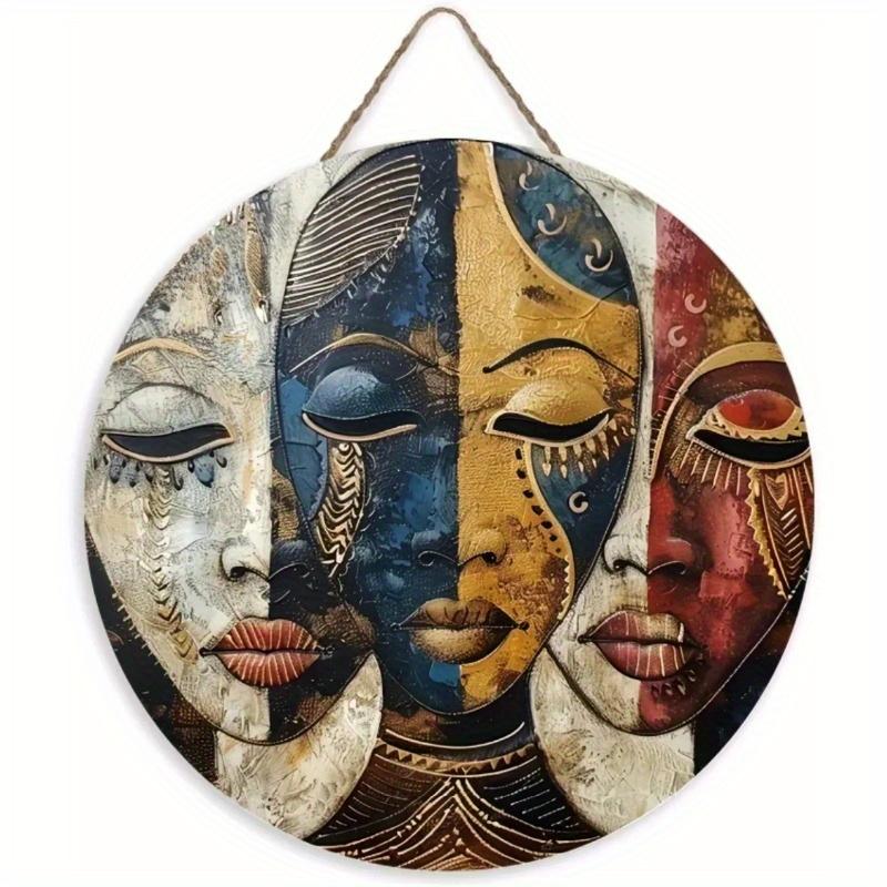 Wood Unique African Mask Circular Wooden Sign with Artistic Design, Suitable for Door, Wall, Home, Room, Farmhouse, Street, Shop, Garage, Bar, Garden