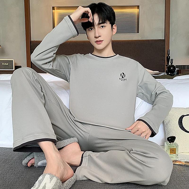 Мужской пижамный комплект Весна Хлопок Повседневная пижама Минималистский стиль Длинная домашняя одежда для отдыха Модная ночная одежда для мальчиков