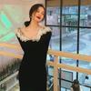 Women's Black Velvet Long-Sleeve Slit Dress - French Style with Lace, Spring/Autumn 2022.